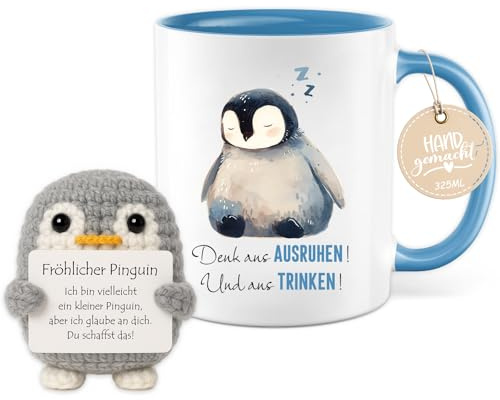 Farbeele Einschulung Tasse Junge Mädchen, 325ml Tasse mit Strick-Deko Fröhlicher Pinguin Glücksbringer, Geschenk für Frauen Männer Kinder, Geburtstag, Einschulung, Kindergarten, Prüfungsgeschenk
