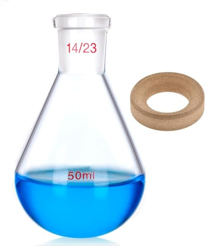Borosilicate Glass Round Bottom Flask 50ml - Heavy Wall Lab Boiling Flask with Support Cork Stand - Durable Single Neck Laboratory Equipment