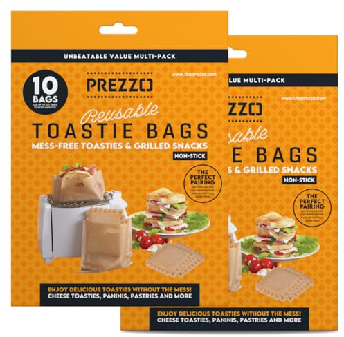 Prezzo Reusable Toastie Bags (20 Pack) | 100+ Use | Non-Stick, Heat-Resistant & Easy Clean | Perfect for Toasties, Paninis & Snacks | for Toasters, Air Fryers & Grills (16cm x 16.5cm) (x2 Packs of 10)