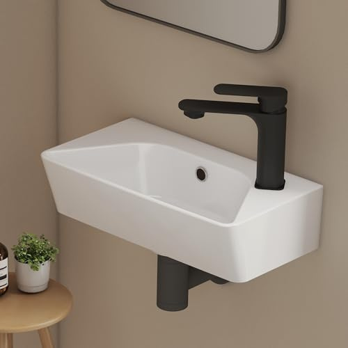 EMKE Lavabo pequeño rectangular 40,0 × 22,5 × 13,0 cm – Lavabo de cerámica con orificio para grifo y rebosadero, lavabo pequeño ideal para baño y aseo de invitados, color blanco