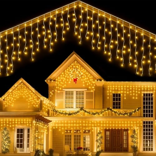 CUQOO 480LED 17M Icicle Christmas Lights Outdoor – Warm White Waterproof Hanging Xmas Lights for House, Gutter & Garden – Mains Powered Outdoor Christmas Decorations for Roof, Porch & Windows