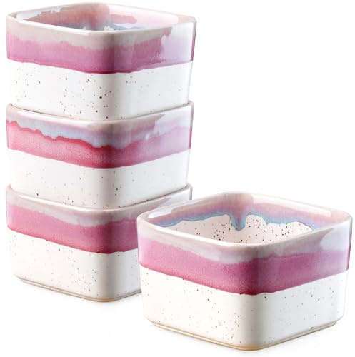 NUTRIUPS 251ml（8oz）Square Oven Safe Ceramic Ramekins & Dipping Bowls for Pudding, Custard, Souffle, Dessert & Creme Brulee - 4-Piece Pastel Lilac Flow