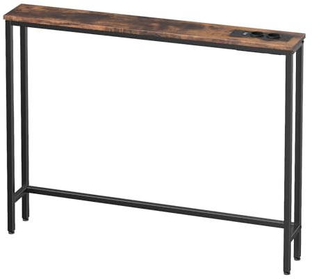 HOOBRO Konsolentisch mit Ladestation, 100 cm Schmaler Beistelltisch, Sofatisch, Eingangstisch, im Wohnzimmer, im Flur, Metallgestell, Vintagebraun und Schwarz EBF52CXG01G1