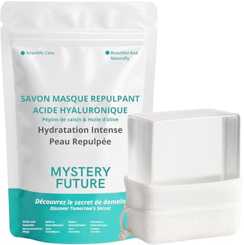 Savon Masque Acide Hyaluronique Pur Visage Corps 2 en 1 - Anti-Âge Hydratant Repulpant Rides - Pépins Raisin Huile Olive 140g + Filet à Savon Offert - 100% Naturel Tous Types Peau Femme Homme