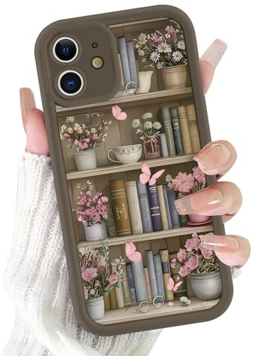 Foonary Cute Retro Bookshelf Phone Case for iPhone 12 Flower Case 6.1, Aesthetic Floral Butterfly Pattern Shockproof Soft TPU Full Camera Lens Protective Brown Cover Funda for Women Girls