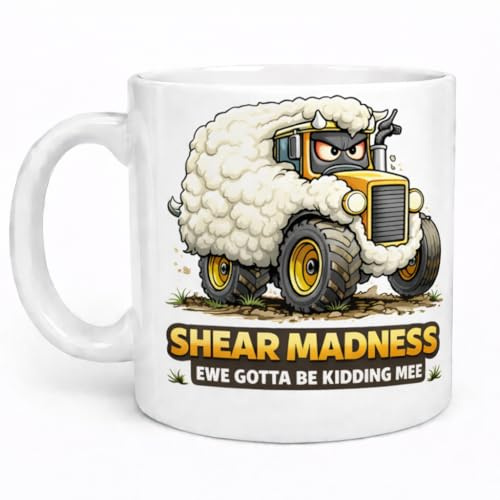 Brew Crew Gifts Shear Madness Ceramic Coffee Mug, Funny Sheep Tractor Design, White, 11oz, Gift for Farmers, Wool Enthusiasts