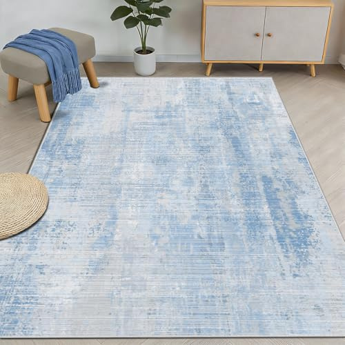 WUTONG Blau Waschbarer Teppich Wohnzimmer 120X160CM,Teppich Schlafzimmer | Abstrakt Kurzflor,Weiche Kunstwolle Bettvorleger für Kinderzimmer,Jugendzimmer,Rutschfest OEKO-TEX