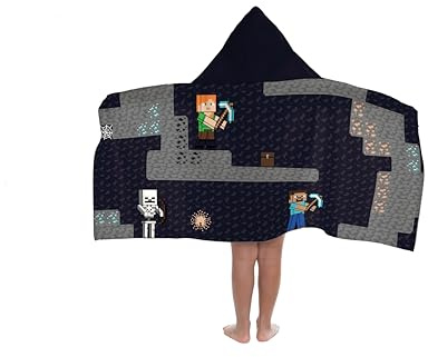 Minecraft Creeper Steve Videospiel Kinder Kapuzenhandtuch Badeponcho, Grau | 56x130 cm, Offizielles Produkt, Polyester, mit Kapuze, superweich, atmungsaktiv, saugfähig, Bad Strand Pool