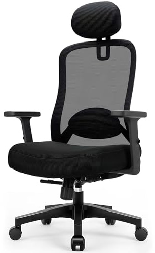 Durrafy Ergonomic Office Chair with Adjustable Headrest & Lumbar Support, Heavy Duty Mesh Desk Chair for 150kg, Height Adjustable Armrests, 90°-130° Lockable Reclining for Home Office, Black