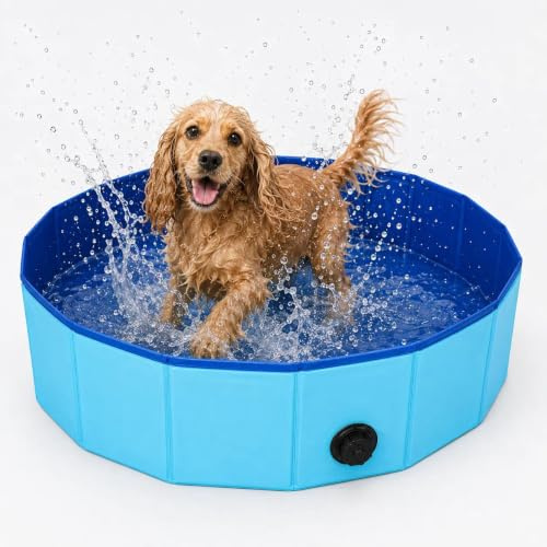 80cm Blue Foldable Dog Paddling Pool, Portable Foldable Dog Pool, Quick Setup with Drainage Hole for Small/Large Dogs and Outdoor Use at Garden, Beach, Backyard