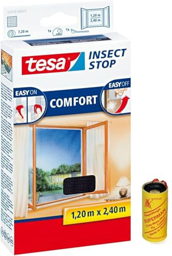 tesa Insect Stop Comfort Fliegengitter für bodentiefe Fenster/Insektenschutz mit Selbstklebendem Klettband in Anthrazit + 1 Rolle Fliegenfänger Gratis (4X 120 cm x 240 cm)