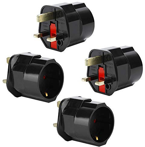 INTIRILIFE 4X Steckdosen Adapter in SCHWARZ - 4er Set UK Typ G auf EU Schuko Steckdosen Stromadapter Reisestecker für z.B. UK, Irland, Singapur, Malaysia - Typ G Reiseadapter Netzstecker Converter