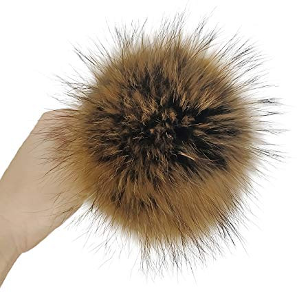5” Diameter Fur Pom Pom with Press Snap Button for Knitted Hat Beanie Hats (Brown top)