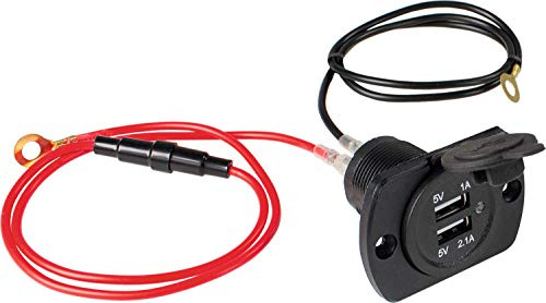 as - Schwabe USB Einbausteckdose 12V mit 2 USB Ports (5V/1A & 5V/2,1A) - Einbaudose Camping Caravan - mit Schutzkappe - inklusive 0,6m Kabel mit Ringösen - IP20 für Innenbereich - schwarz, 61499