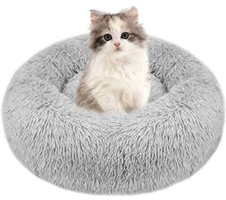 fireowl Donut Hundebett Kleine Flauschig: 50cm Beruhigendes Welpenbett Anti Angst Katzenbett - Plüsch Haustierbett Rund Kuscheliges Waschbar Hellgrau