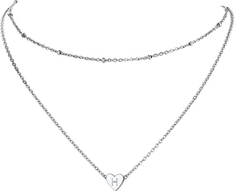 PROSTEEL Collar Cadena Fina Doble Capas con Charm Corazón Inicial H Acero Inoxidable