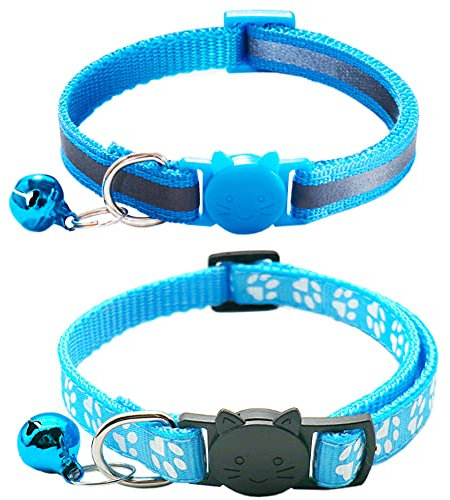 Qinao 2Pack Cat Collars Quick Release Reflective Kitten Collar with Bell & Safety Release (SkyBlue) 19-32cm