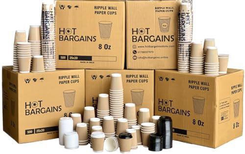Kraft Triple Walled Disposable Paper Ripple Cups - 500 X 8oz / 230ml, Hot Drink Cups + 500 LIDS Free