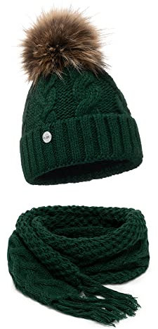 ELIMELI® Winter Mütze Schal Set Damenmütze mit Fell-Bommel Fleece Innenfutter - 2-teilig Damen Winterset - Wintermütze und passender Schal Damenschal- Strickmütze gefüttert - Made in EU (dunkelgrün)