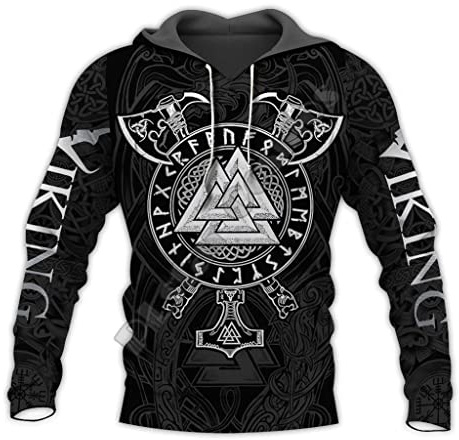 YABEME Unisex Wikinger Herren Hoodie, Nordischer Mythos 3D-Gedruckter Odin Thors Hammer Valknut Full Zip Casual Jacke, Harajuku Streetwear Pullover,Hoodie,XXL