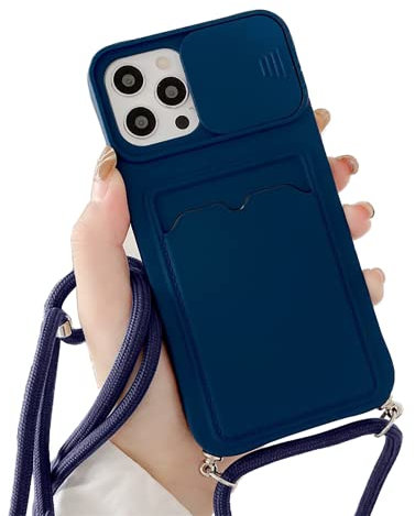 Rokmym Coque pour iPhone 13 avec Cordon de Collier, Protection Caméra Slide Case, Silicone TPU Bumper, Slot Card Holder