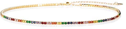 namana Gold Choker-Halsketten für Damen und Mädchen, zierliche Gold-Halskette für Frauen mit bunten Steinen, Gold mehrfarbige Diamanten-Halsreif, Regenbogen-Halskette, Schmuck Geschenke für Frauen