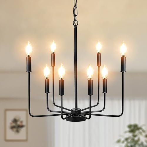 Depuley Kronleuchter Schwarz Metall, Klassischer Pendelleuchte LED, 8 Flammig, 8*E14, Vintage Hängeleuchte im Europäischen Stil, Deckenlampe Esstisch für Bauernhaus Küche Halle Esszimmer Wohnzimmer