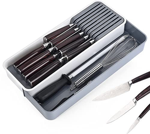TUNGTAR Expandable Drawer Organizers with Knife Block Knife Drawer Organizer stackable Cutlery Tray Knife Holder adjustable drawer tray with Knife Block 9 Knives slot DIY drawer organizer