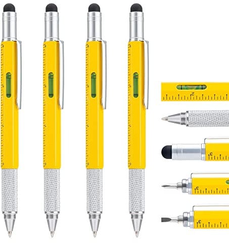 Wikult Lot de 4 stylos à bille multifonctions en métal avec recharges supplémentaires, stylo multifonction 6 en 1 avec règle et jauge de niveau, gadget cool pour homme, mari, papa, père, ami (jaune)