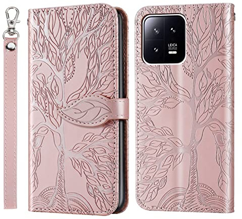 Vkooer Coque pour Xiaomi 13 Pro Housse Premium Cuir PU Étui Flip Portefeuille à Rabat Poches Case avec Porte Cartes et Magnétique pour Xiaomi 13 Pro Smartphone, Arbres Or Rose