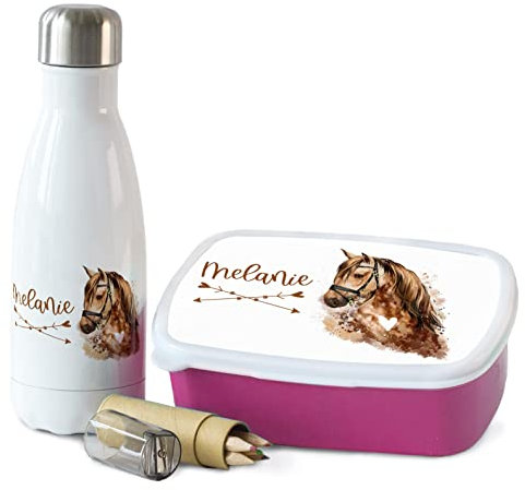 GRAZDesign Pferde Brotdose und Trinkflasche Set für Mädchen mit Namen | personalisiert Geschenk zur Einschulung