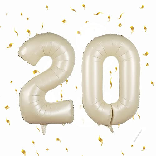 20 Geburtstag Deko zahlen luftballon 20 jahre | Folienballon Beige- für 20. Geburtstagsdeko Männer Frauen Ballon Zahl Deko zum Geburtstag fliegt mit Helium 20.Geburtstagsparty 40-101cm