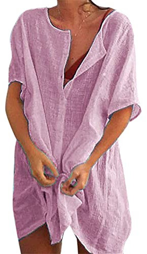NIBESSER Copricostume Donna Mare Corto Cotone Camicia Copricostumi da Bagno Scollo Rotondo Vestito da Mare Sexy Manica Corta Copri Bikini Cover Up Estivo per Vacanza Piscina, Lilla, L