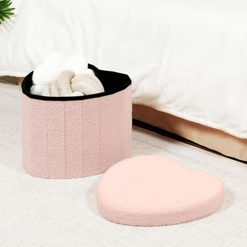 Bonlife Pink Boucle Ottoman with Storage,Foldable Footstool for living room,Toy Chest,Storage Seat,Teddy Heart Shape Footrest,38X38X32cm