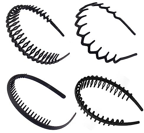 4 Stück Haarband,Schwarz Welle Stirnband,Zickzack Haarreif,Elastisches Haarreifen Männer,Rutschfestes Stirnband mit Anti-rutsch Zähne,für Outdoor Sports Yoga