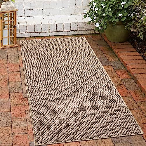 CARPETIA robuster Outdoorteppich Läufer Rautenmuster beige/schwarz robust Innen- und Außenbereich wetterfest Jute-Look 60 x 180 cm