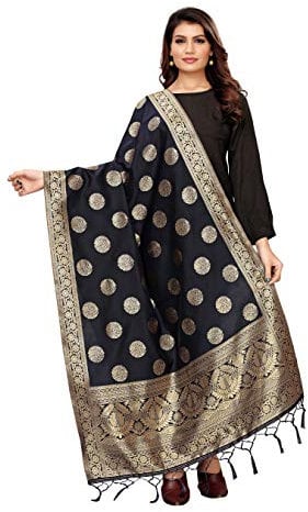 Jaanvi fashion Damen Banarasi Dupatta-Schal aus gewebter Seide mit Quasten und Zari-Arbeit, Schwarz , One size
