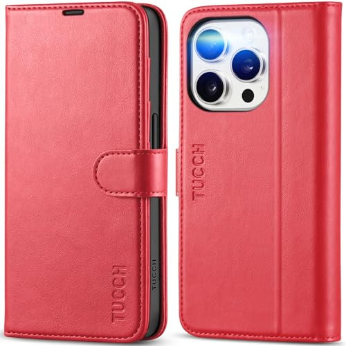 TUCCH Leather Wallet Case for iPhone 15 Pro (6.1) 2023 5G, PU Magnetic Protective Flip Folio Case Cover with RFID Blocking[Shockproof TPU] Card Slot Viewing Stand Compatible with iPhone 15 Pro, Red