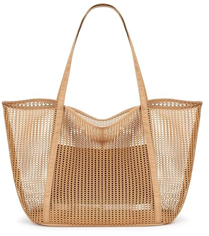 KALIDI FANCY FOREST Foldable Mesh Beach Bag with Zip, 27L Large Mesh Tote Bags for Women Ladies Summer Beach Tote Bag for Holiday Travel,Khaki