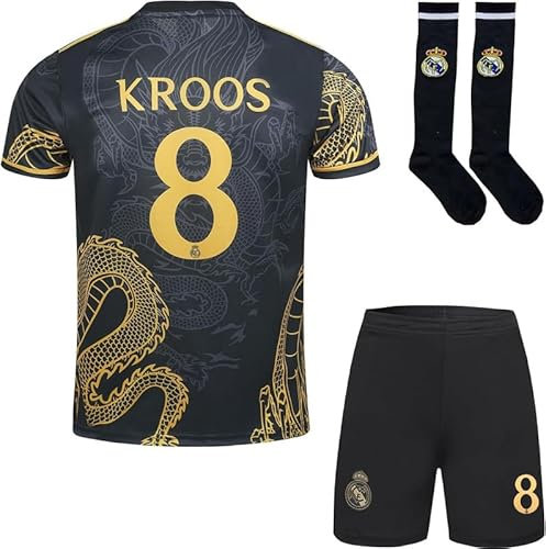 PraiseLight R. Madrid Toni Kroos #8 Kinder Trikot Fußball Spezielle Golddrachen-Edition Shorts Socken Set Jugendgrößen (Schwarz,28)