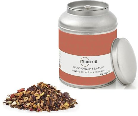 Novecento Tè® | Infuso Vaniglia e Lampone | Rooibos Vaniglia Lamponi Ibisco in Foglie - 90 Gr | Tè Rosso Infuso con Frutta & Petali di Fiori
