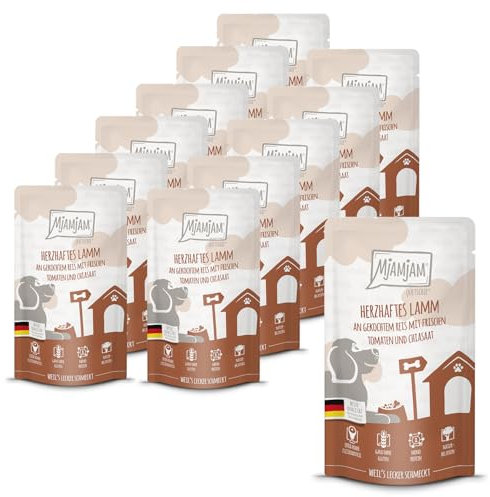 MjAMjAM - Premium Nassfutter für Hunde - Quetschie - herzhaftes Lamm an gekochtem Reis mit frischen Tomaten und Chiasaat, 12er Pack (12 x 125g), glutenfrei mit extra viel Fleisch