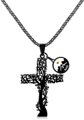 Uloveido Religious Cross Necklace for Men Black Stainless Steel Tree of Life Pendant Necklace with Faith Mountain Mustard Seed Charm YA4473