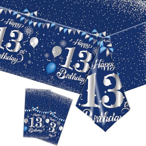 COSORO 2pcs Navy Silver Happy 13th Birthday Table Cloth, 137*274cm Tablecloth for Boys Girls, Plastic Tablecloths Table Cover for 13th Birthday Decorations