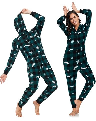 COLORFULLE Weihnachts-Einteiler für Paare, Fleece-Overall mit durchgehendem Reißverschluss, Pyjama, langärmelig, mit Taschen (Grünkarierte Weihnachten,Damen,M)