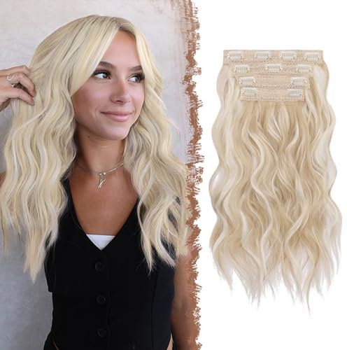FESHFEN Clip in Extensions, 4PCs Lang Wellig Haarverlängerungen mit Clips Synthetik Gewellt Hellbeige Blond Mix Creme Blond Haarextension Wavy Haar Extensions Clip in Haarteil für Damen 40 cm