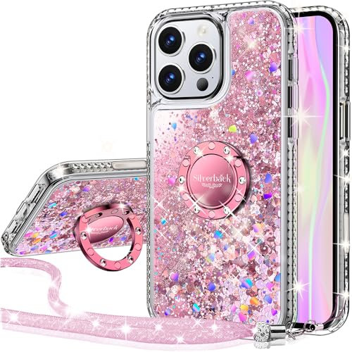 Silverback for iPhone 16 Pro Case, Liquid Holographic Sparkly Glitter Case with Stand and Lanyard, Women Girls Bling Diamond Ring Shockproof Protective Cover for iPhone 16 Pro 6.3''- Pink