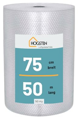 HOGSTEN Luftpolsterfolie Rolle 50m x 75cm - Noppenfolie für Versand, Verpackung und Umzug -100% recycelbar - Bubble Wrap Polstermaterial Verpackungsmaterial 50my (0,75m x 50m)