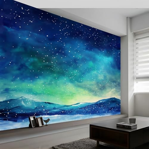 Vlies Tapete Fantasie-Nachthimmel Muster 3d Effekt Wand Dekoration, Blaugrün Fototapete Schlafzimmer Folie für Möbel Wandtapete Wohnzimmer Schrank Badezimmer 300 x 210 cm