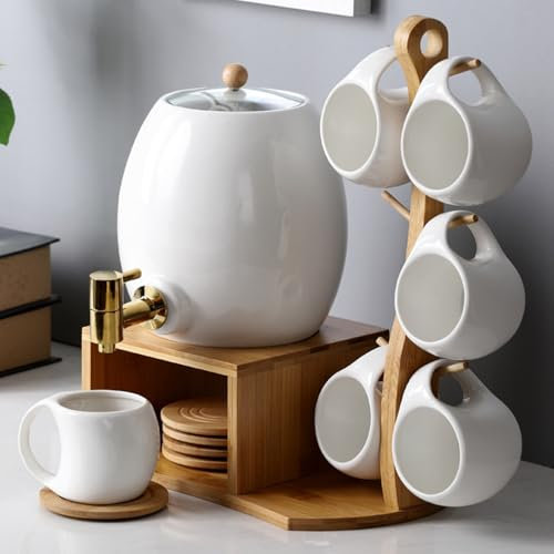 Ceramic Crock Water Dispenser, Beverage Dispenser with Stainless Steel Faucet and Lid, 6 Cups, 6 Coasters, Wood Stand Large Cold Water Tank for Daily Use